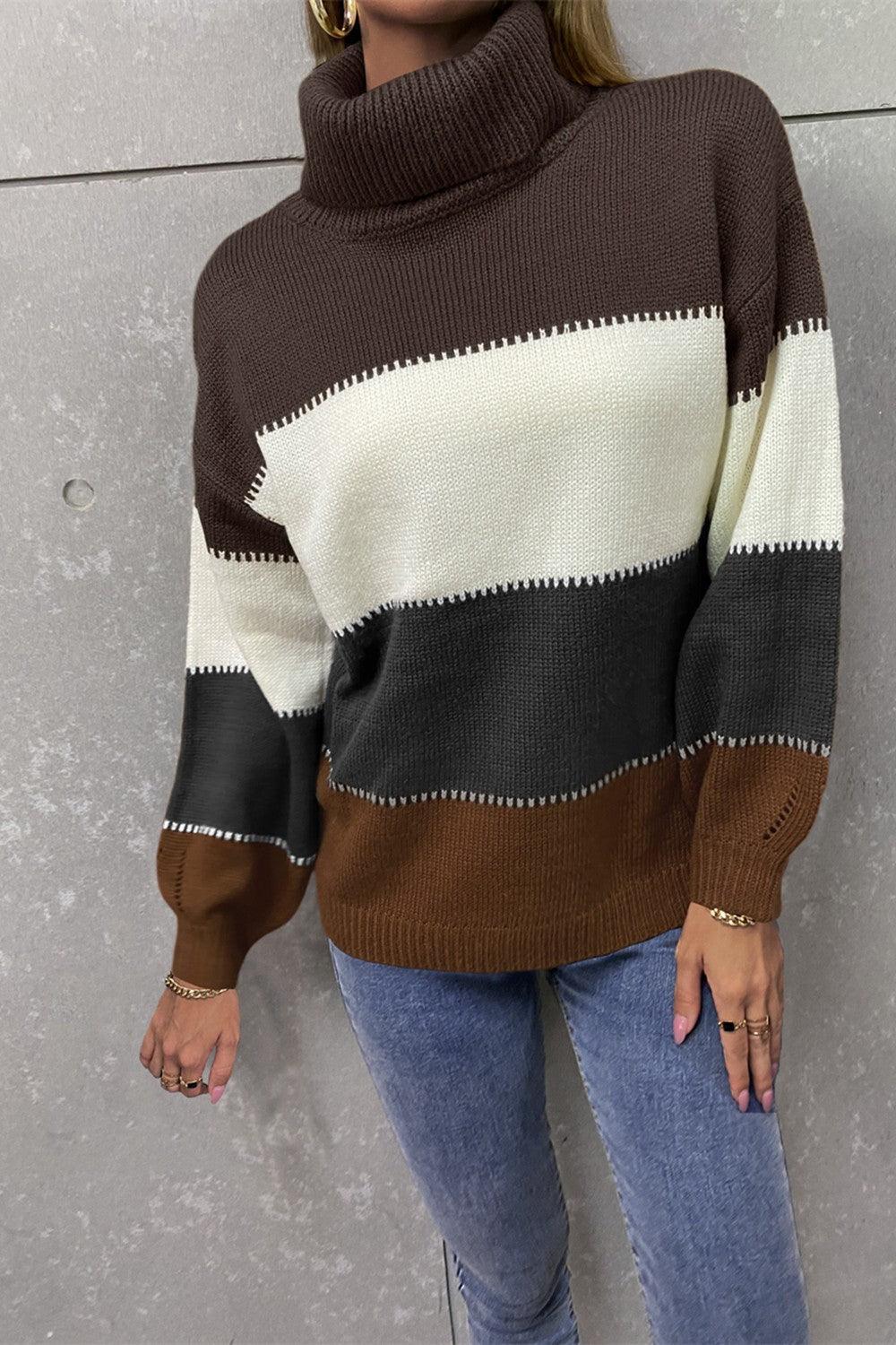 Inevitably Warm Color Block Turtleneck Sweater - MXSTUDIO.COM