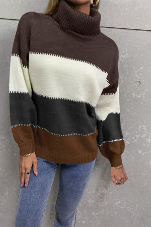 Inevitably Warm Color Block Turtleneck Sweater - MXSTUDIO.COM