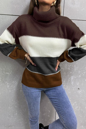 Inevitably Warm Color Block Turtleneck Sweater - MXSTUDIO.COM