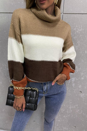 Inevitably Warm Color Block Turtleneck Sweater - MXSTUDIO.COM