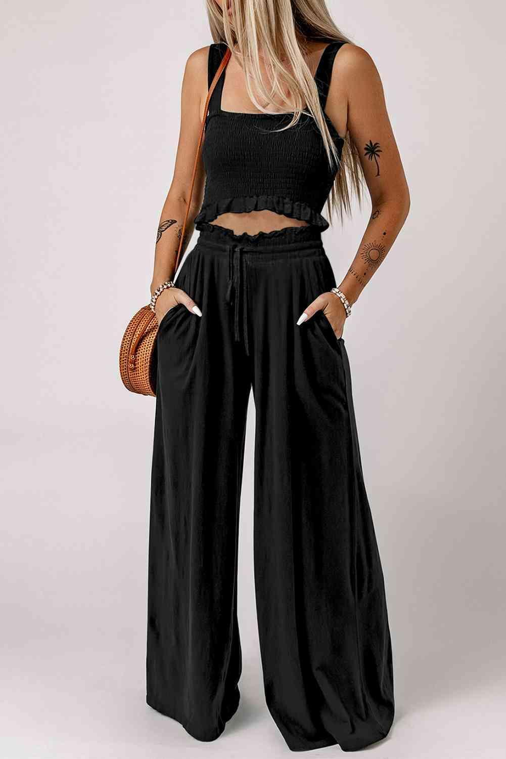 Infinite Summer Black Crop Top and Wide Leg Pants Set - MXSTUDIO.COM