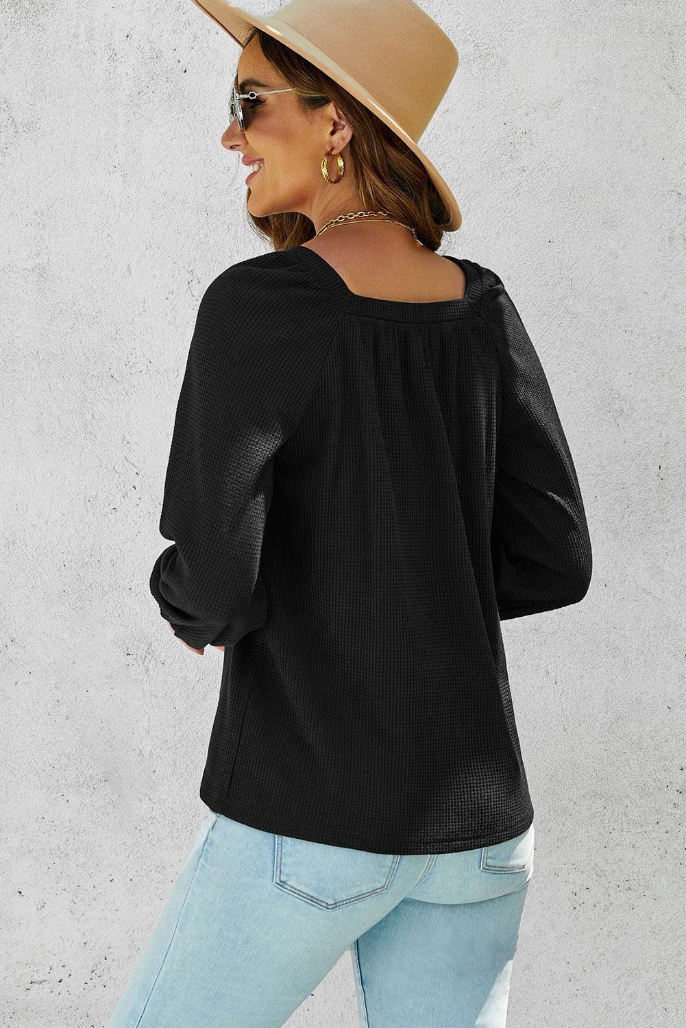 Infinitely Chic Black Waffle Knit Long Sleeve Top - MXSTUDIO.COM