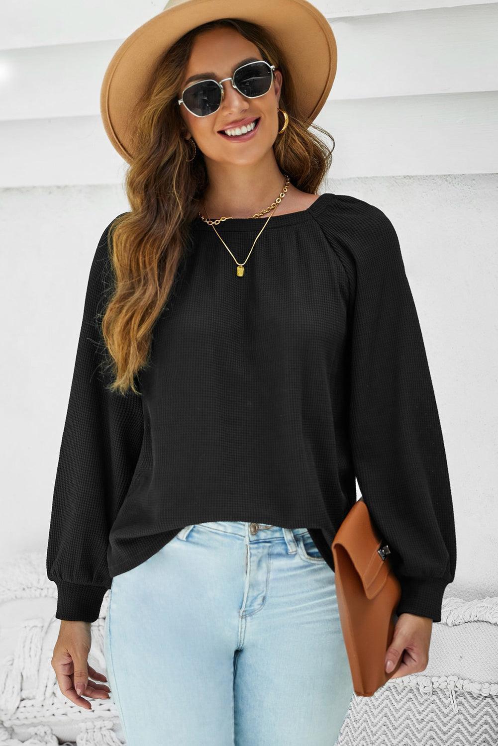 Infinitely Chic Black Waffle Knit Long Sleeve Top - MXSTUDIO.COM