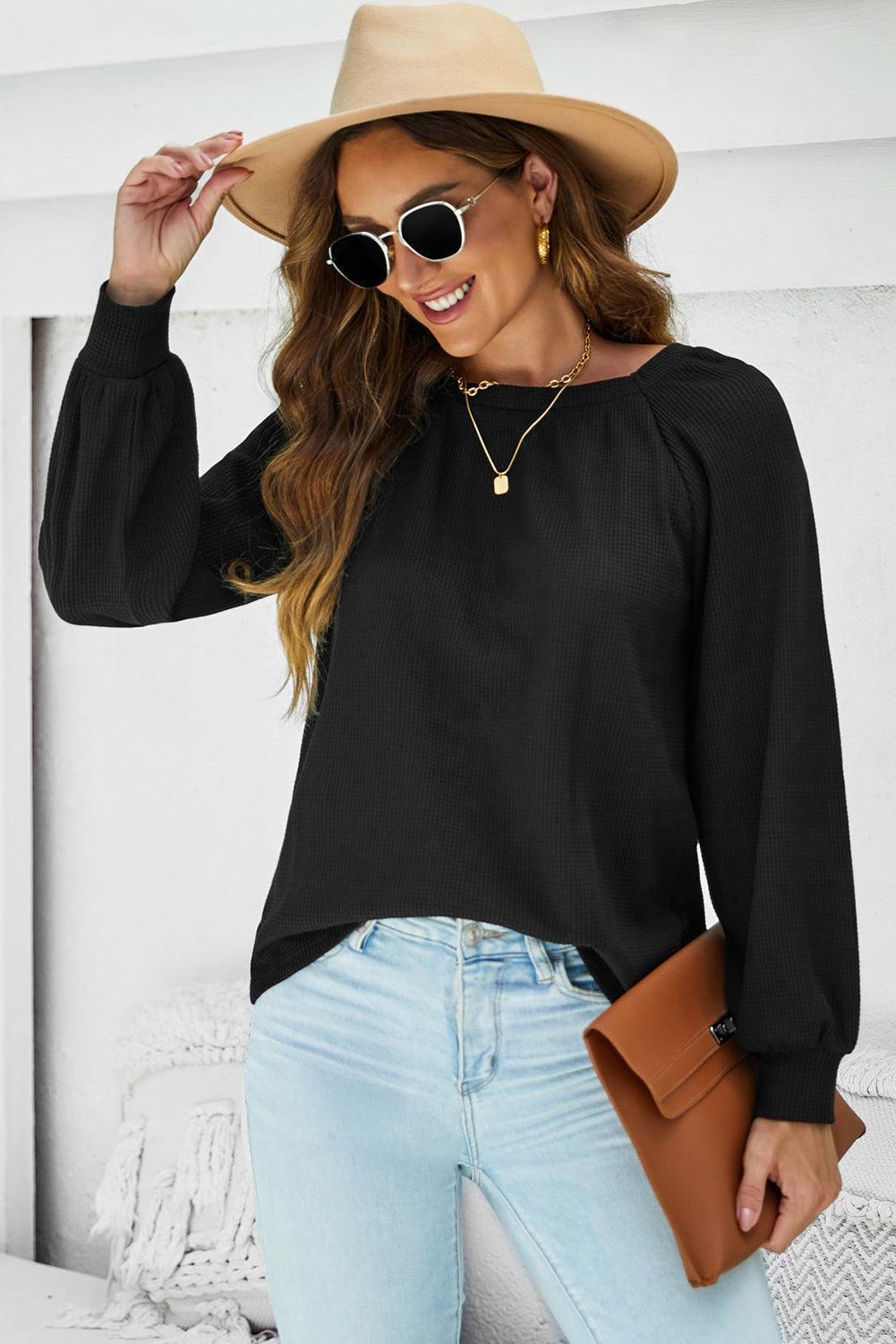 Infinitely Chic Black Waffle Knit Long Sleeve Top - MXSTUDIO.COM