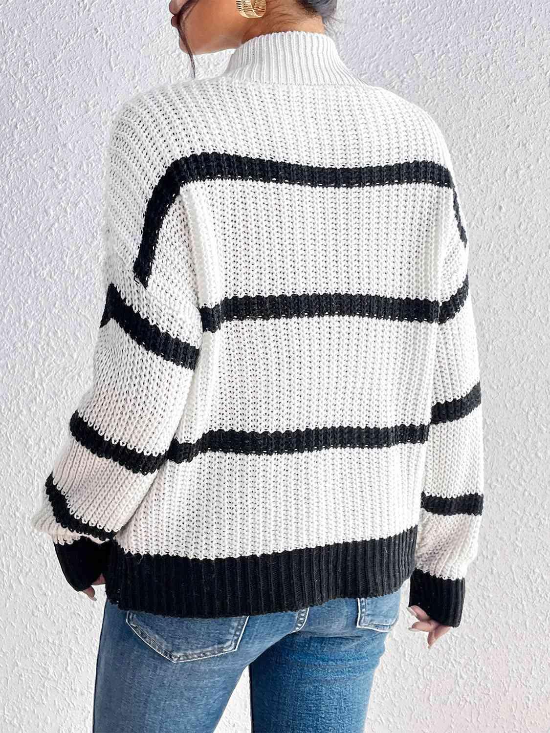 Infinitely Cozy Striped Mock Neck Sweater-MXSTUDIO.COM
