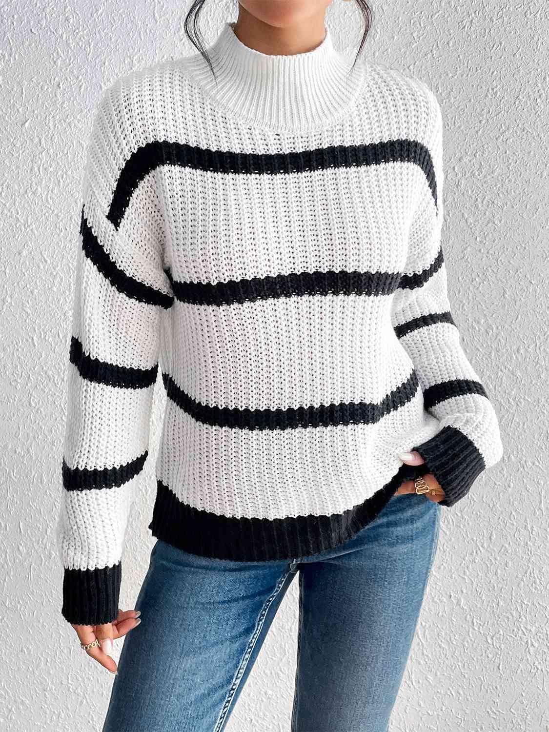 Infinitely Cozy Striped Mock Neck Sweater-MXSTUDIO.COM