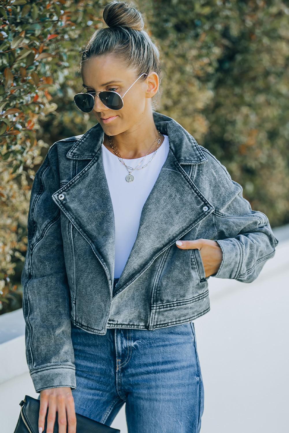 Influential Collared Cropped Denim Jacket - MXSTUDIO.COM