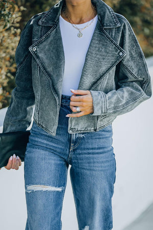 Influential Collared Cropped Denim Jacket - MXSTUDIO.COM