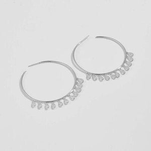 a pair of silver hoop earrings on a white background