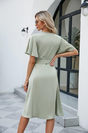 Inspired Flutter Sleeve Tie Waist Surplice Dress - MXSTUDIO.COM