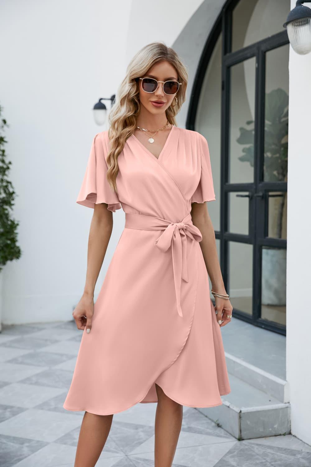 Inspired Flutter Sleeve Tie Waist Surplice Dress - MXSTUDIO.COM