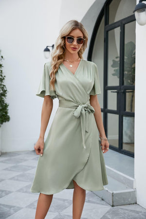 Inspired Flutter Sleeve Tie Waist Surplice Dress - MXSTUDIO.COM