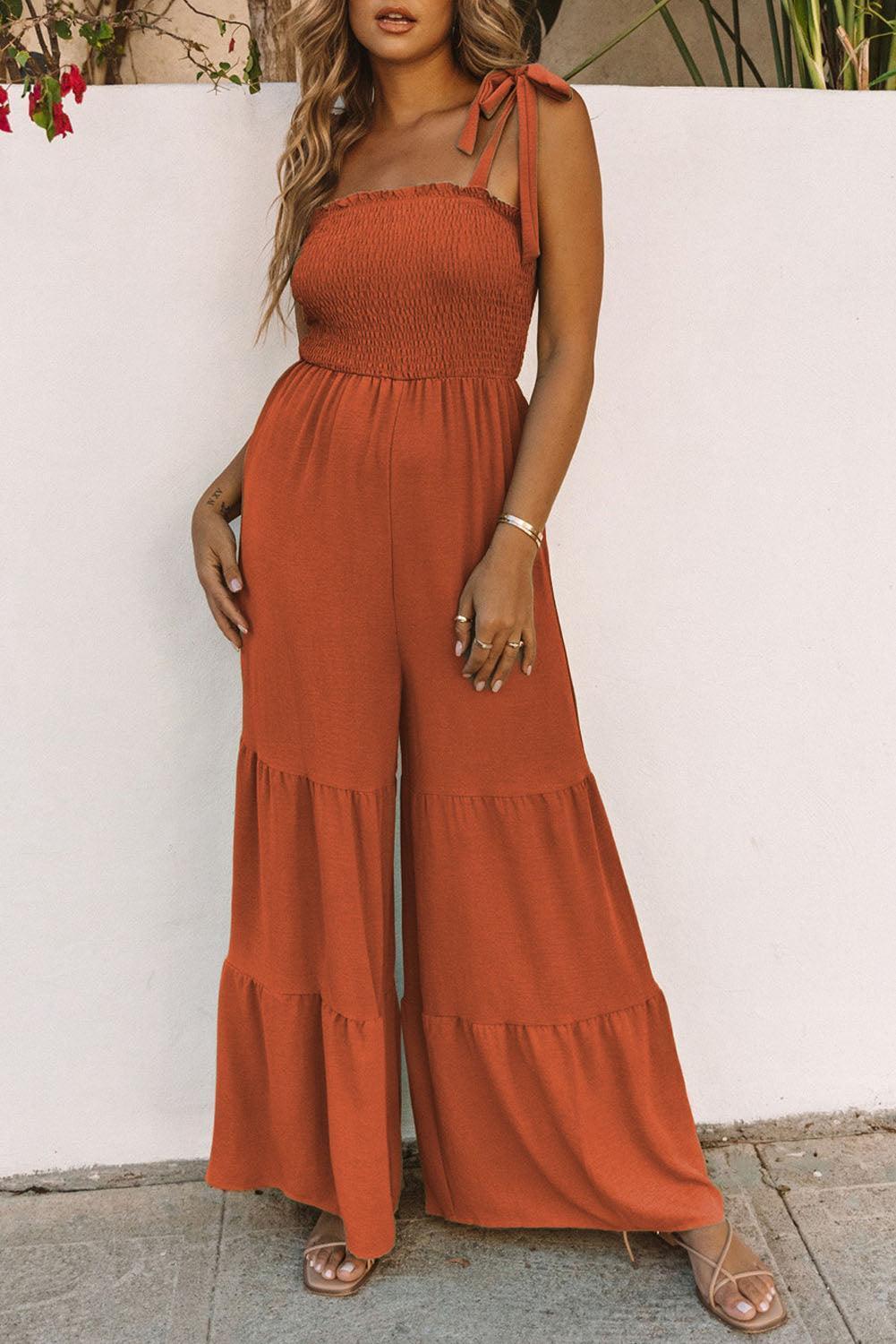 Instagram Worthy Tiered Leg Tie Shoulder Jumpsuit - MXSTUDIO.COM