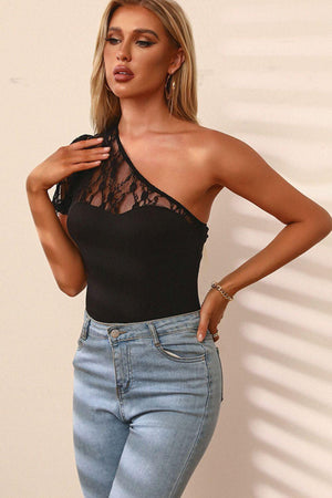 Intense Black Lace One-Shoulder Bodysuit - MXSTUDIO.COM