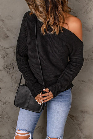 Interesting Rib Knit One-Shoulder Black Sweater - MXSTUDIO.COM