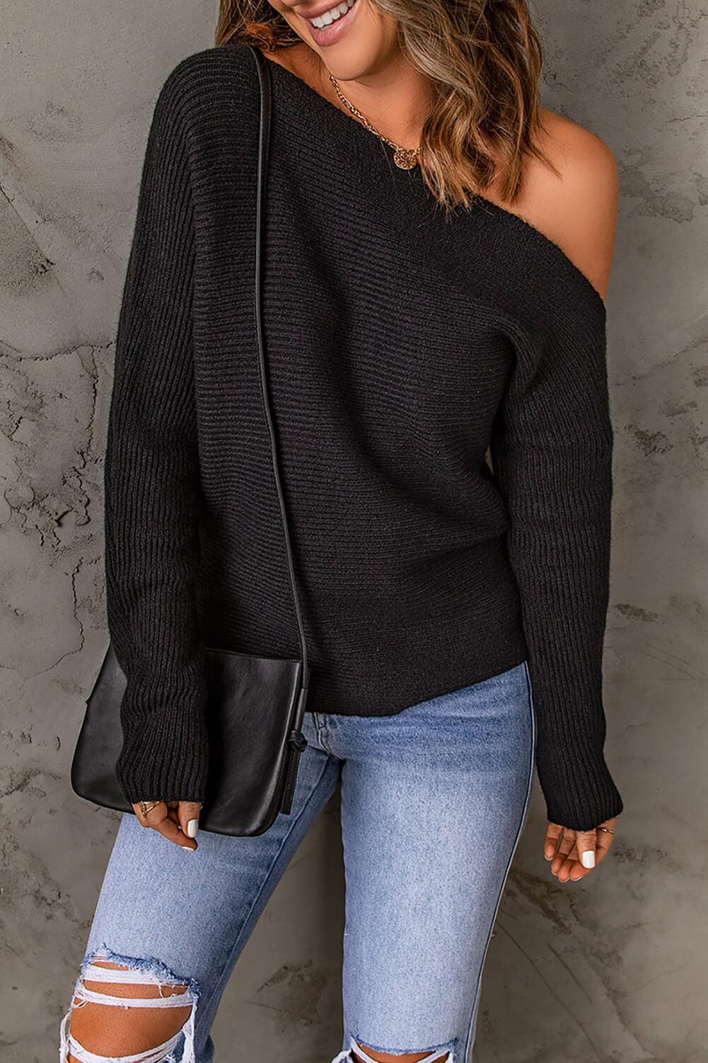 Interesting Rib Knit One-Shoulder Black Sweater - MXSTUDIO.COM