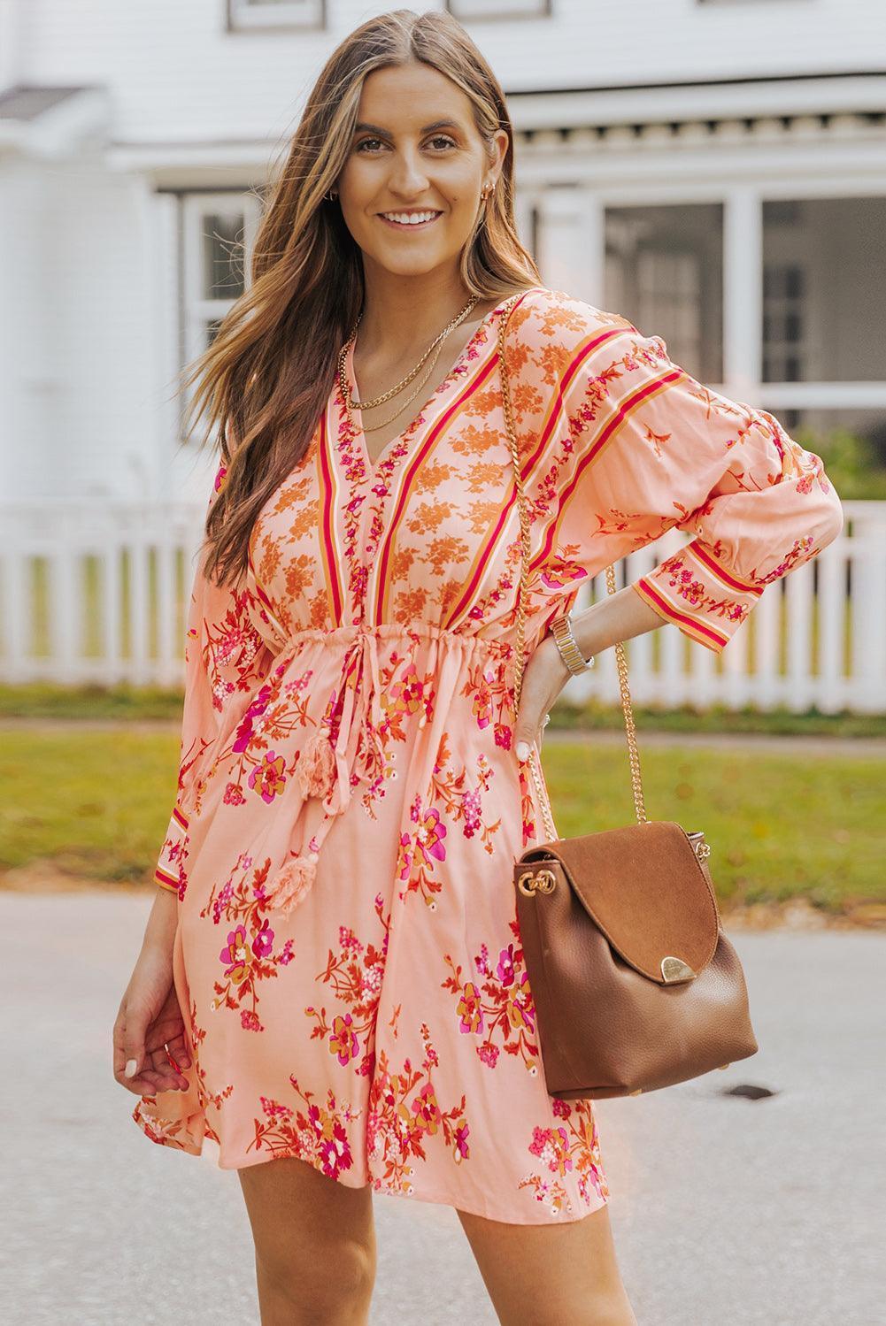 Invigorating Orange Floral V-Neck Dress - MXSTUDIO.COM