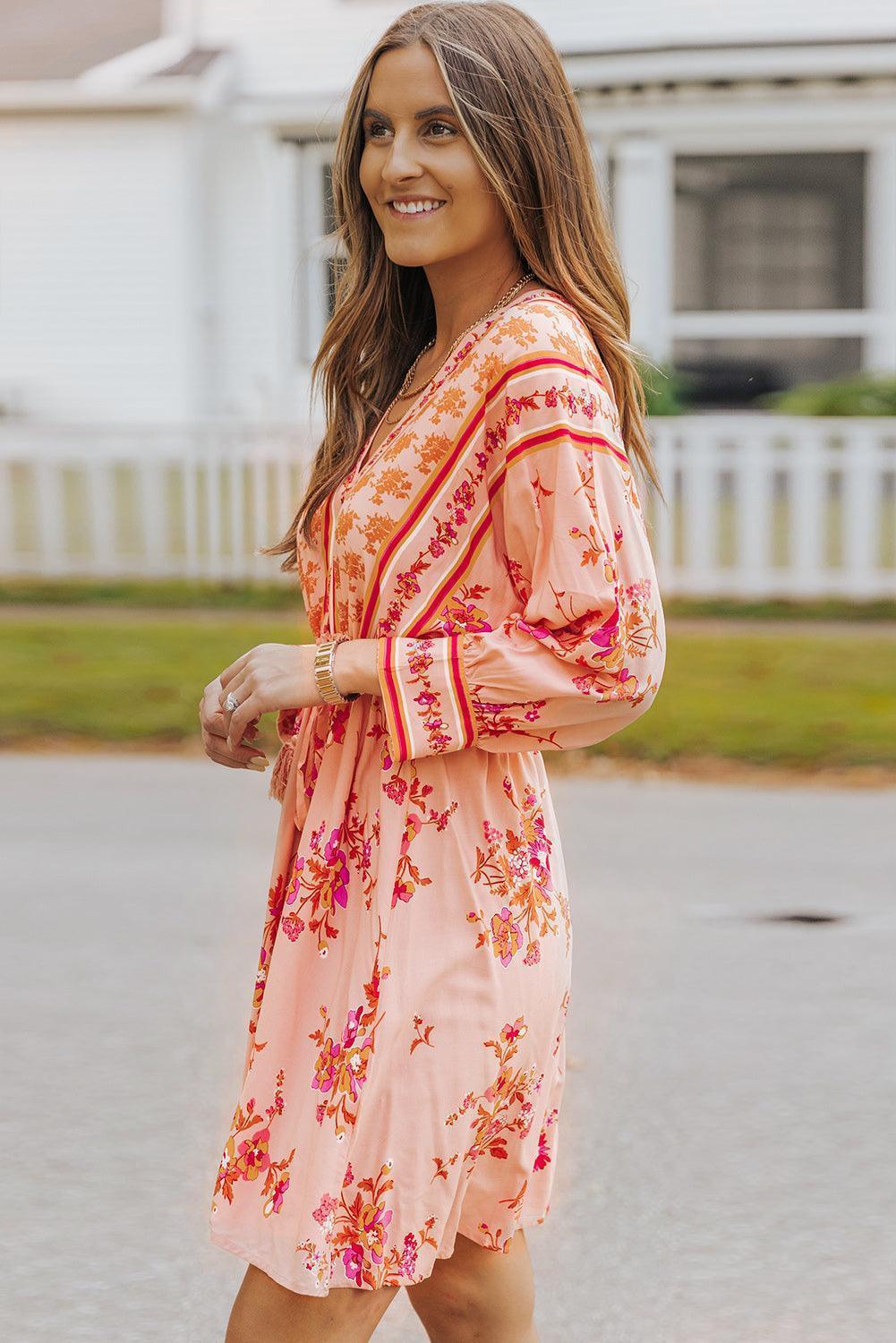 Invigorating Orange Floral V-Neck Dress - MXSTUDIO.COM