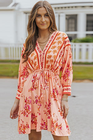 Invigorating Orange Floral V-Neck Dress - MXSTUDIO.COM