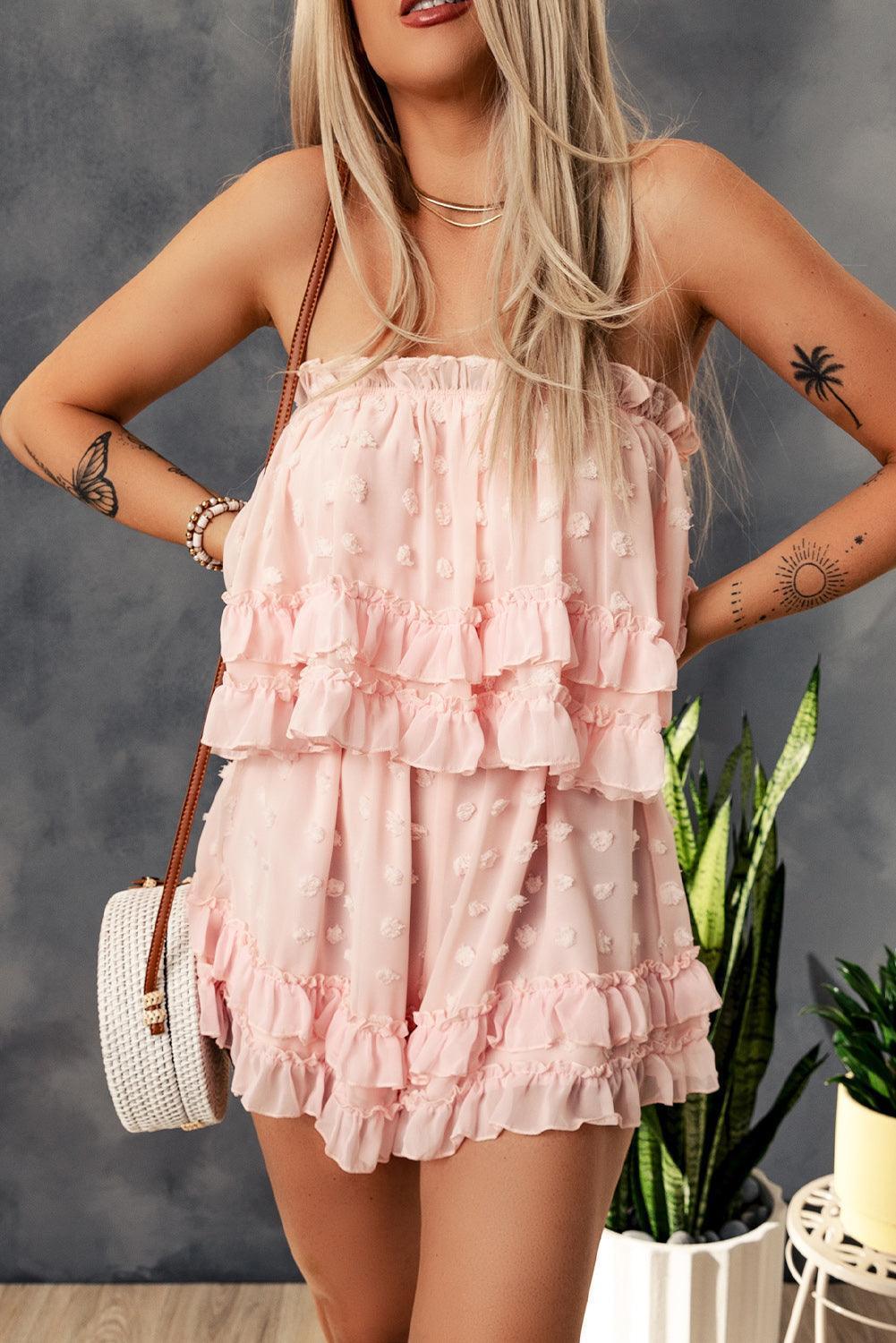 Invigorating Swiss Dot Strapless Ruffle Romper - MXSTUDIO.COM