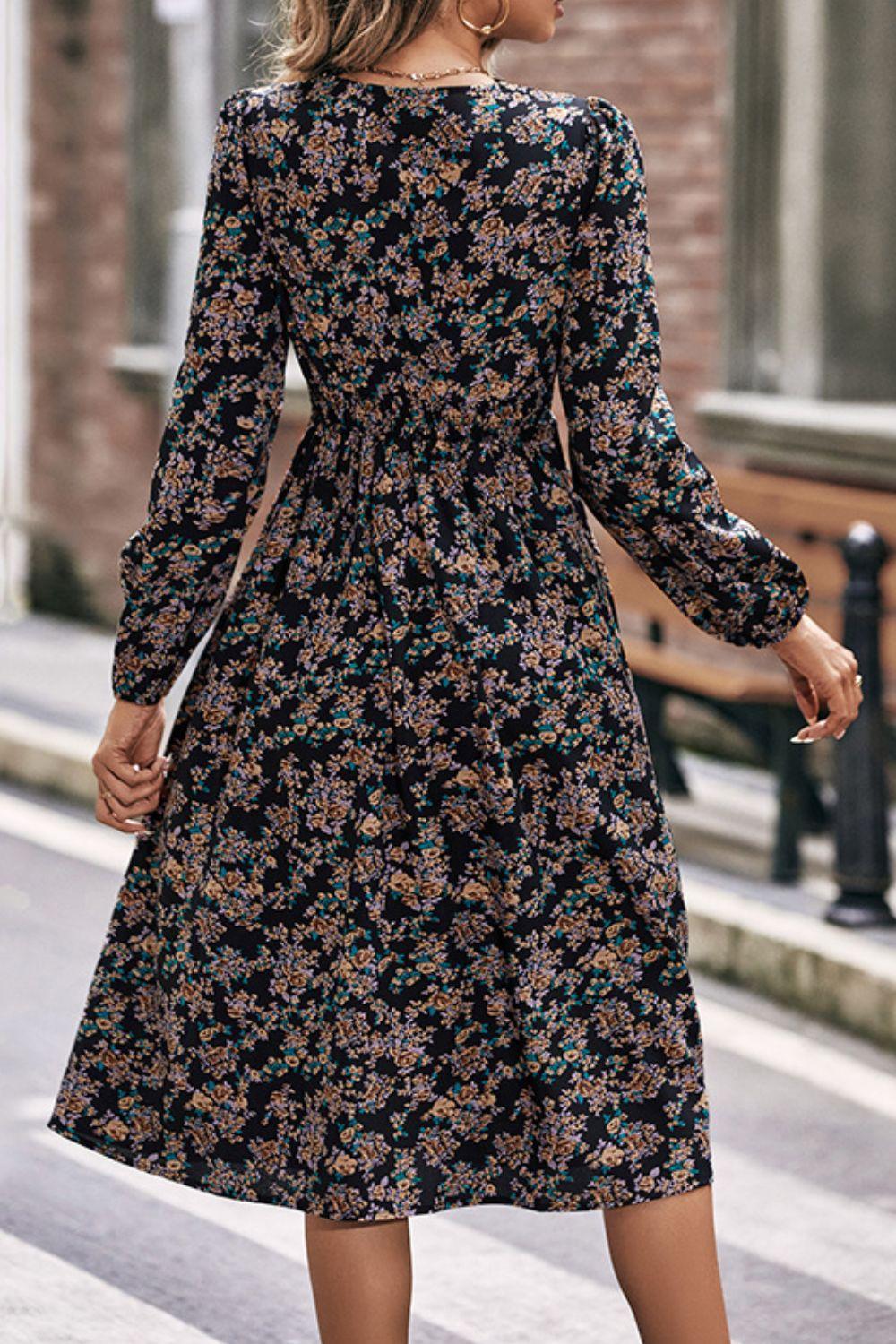 Iron Lady V Neck Floral Long Sleeve Midi Dress - MXSTUDIO.COM