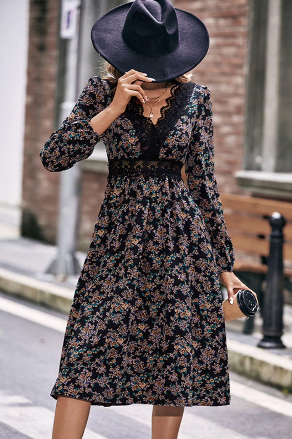 Iron Lady V Neck Floral Long Sleeve Midi Dress - MXSTUDIO.COM