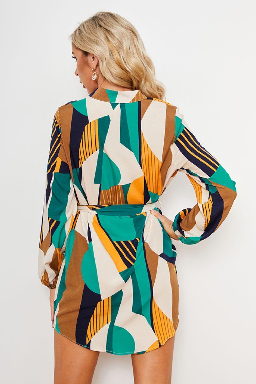 Irresistible Balloon Sleeve Geometric Print Dress - MXSTUDIO.COM