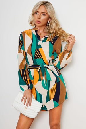 Irresistible Balloon Sleeve Geometric Print Dress - MXSTUDIO.COM