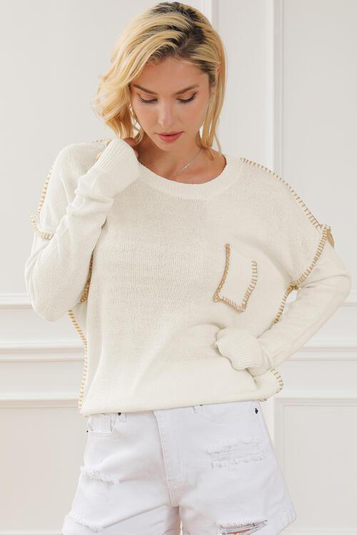 Irresistible Warmth Exposed Seam White Sweater-MXSTUDIO.COM