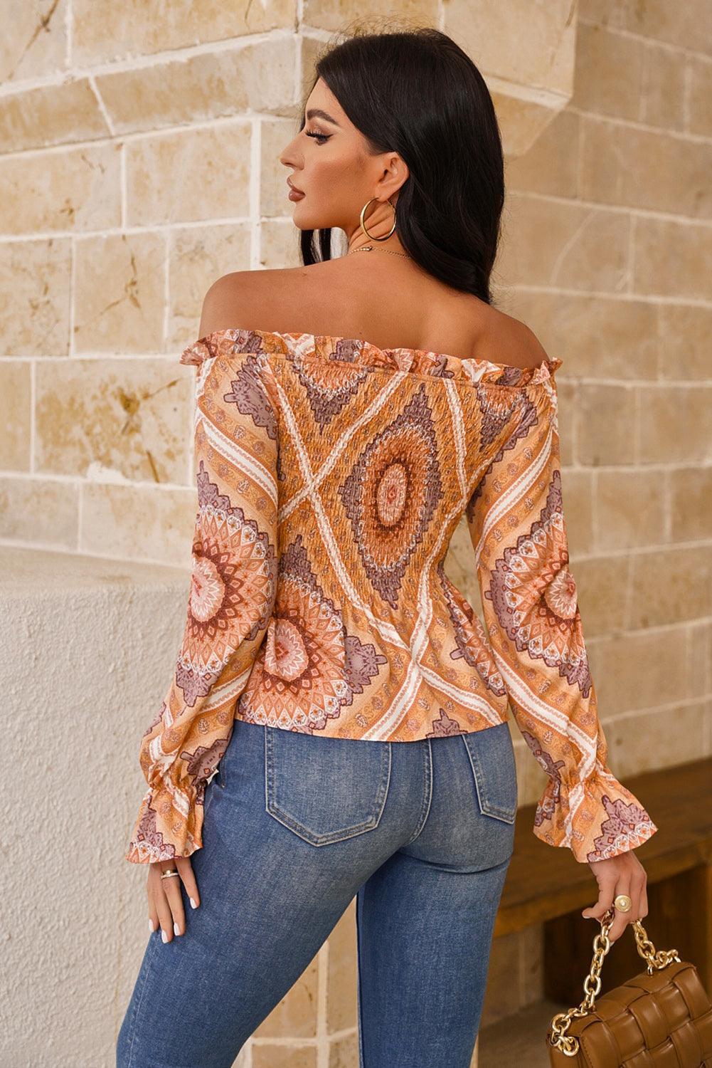 It Girl Printed Long Sleeve Off Shoulder Blouse - MXSTUDIO.COM