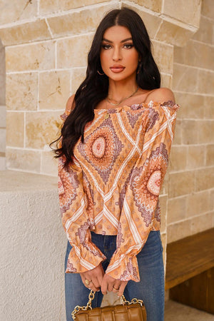 It Girl Printed Long Sleeve Off Shoulder Blouse - MXSTUDIO.COM