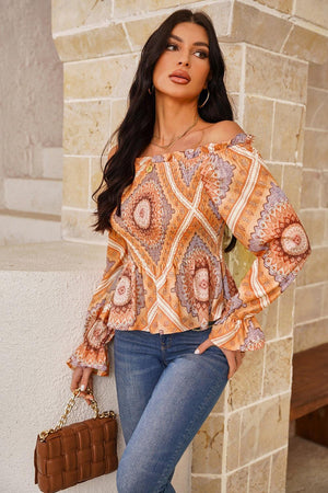 It Girl Printed Long Sleeve Off Shoulder Blouse - MXSTUDIO.COM