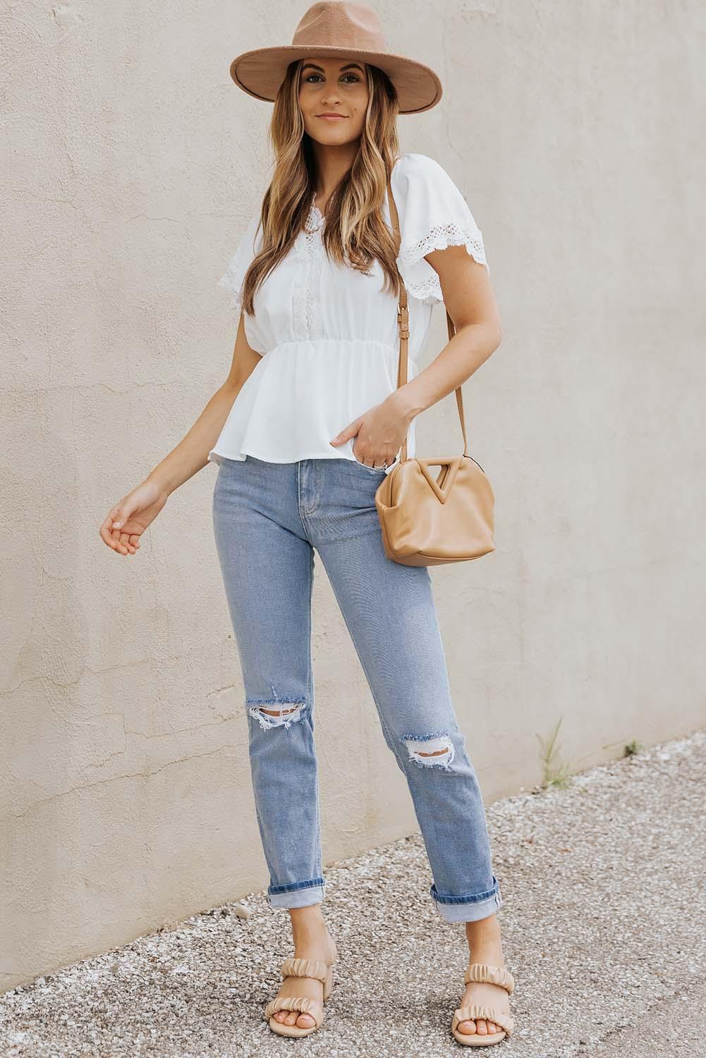 Jaunty Fresh Lace Trim V-Neck Peplum Blouse - MXSTUDIO.COM