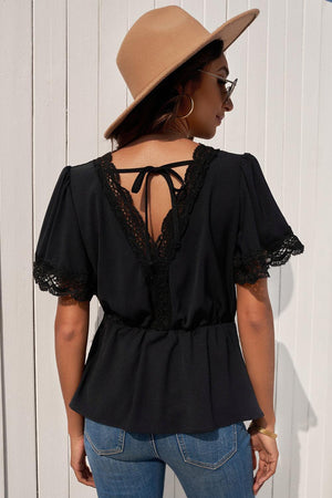 Jaunty Fresh Lace Trim V-Neck Peplum Blouse - MXSTUDIO.COM