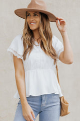 Jaunty Fresh Lace Trim V-Neck Peplum Blouse - MXSTUDIO.COM