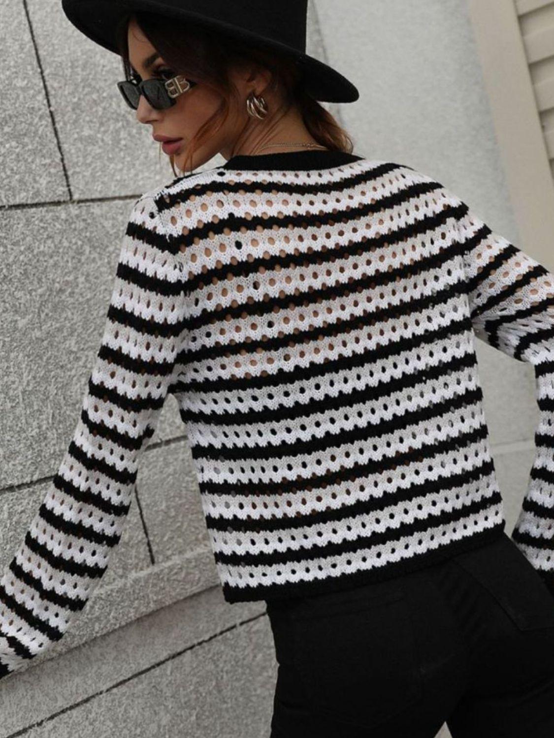 Jazz Up Striped Knit Crochet Long Sleeve Top - MXSTUDIO.COM