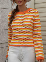 Jazz Up Striped Knit Crochet Long Sleeve Top - MXSTUDIO.COM