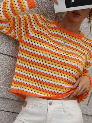 Jazz Up Striped Knit Crochet Long Sleeve Top - MXSTUDIO.COM