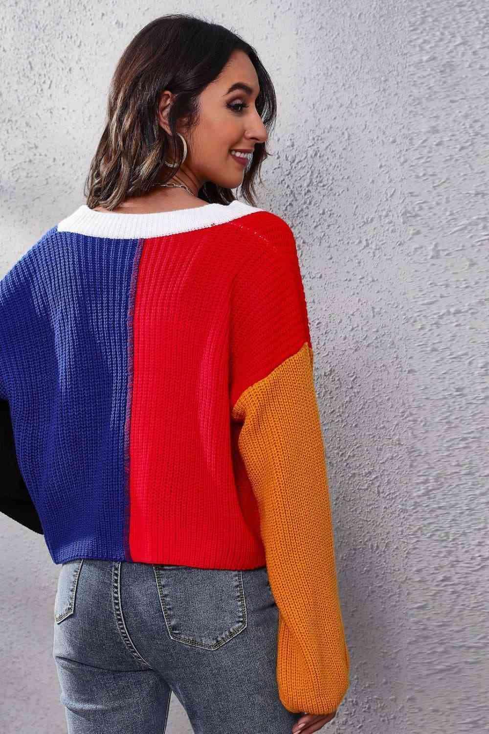 Jazzy Ribbed Knit Buttoned Color Block Cardigan - MXSTUDIO.COM