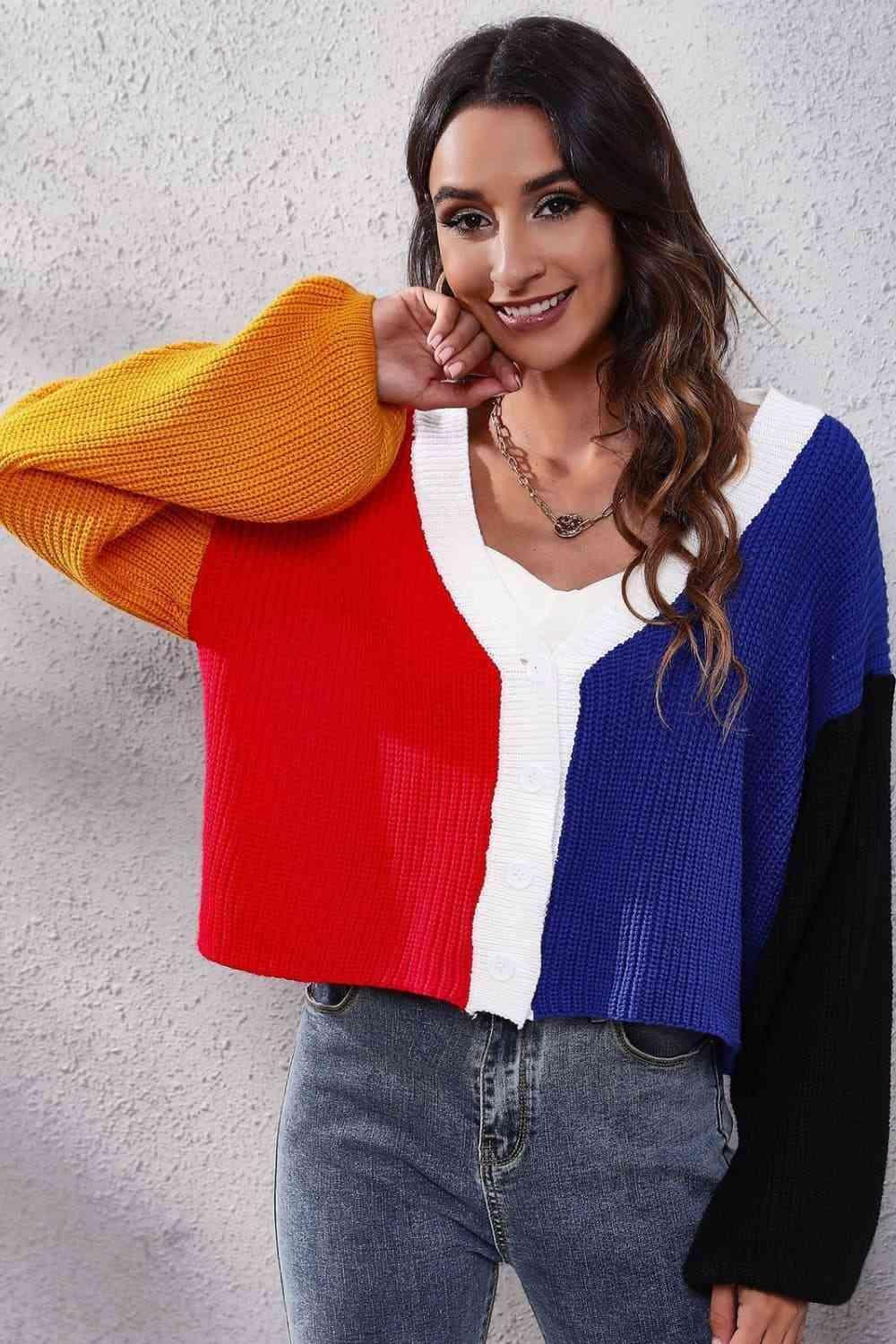 Jazzy Ribbed Knit Buttoned Color Block Cardigan - MXSTUDIO.COM