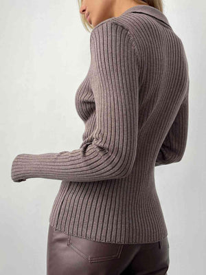 Johnny Collar V-Neck Rib Knit Sweater-MXSTUDIO.COM