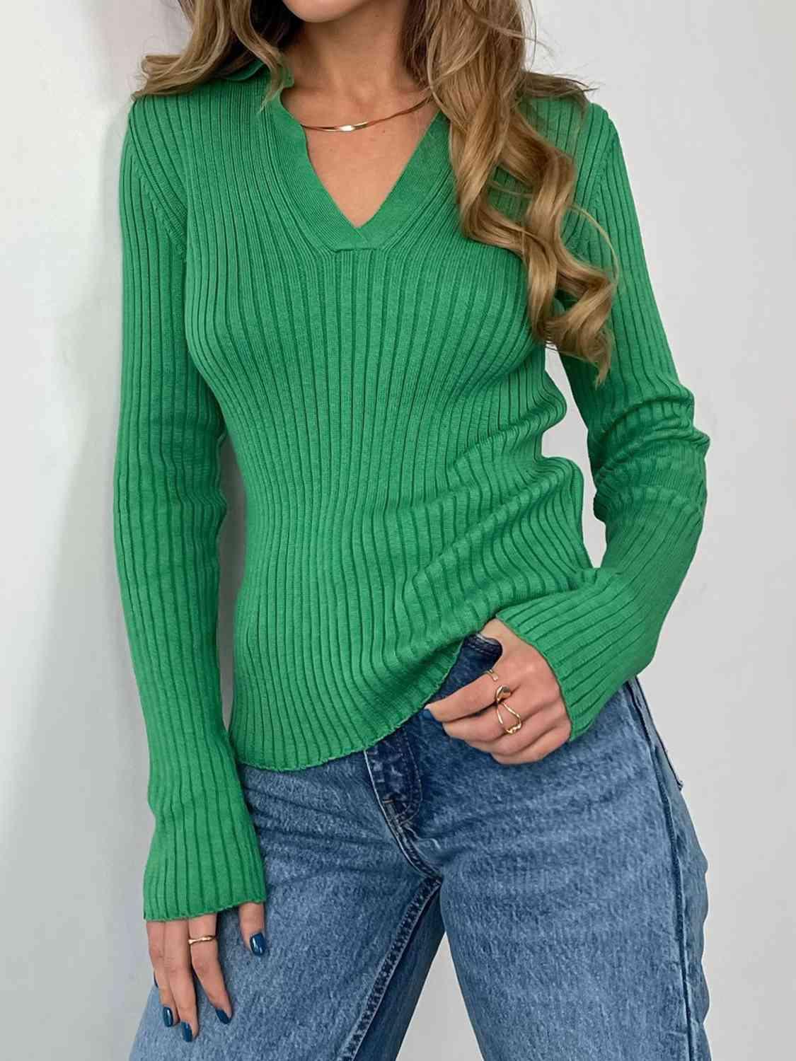 Johnny Collar V-Neck Rib Knit Sweater-MXSTUDIO.COM