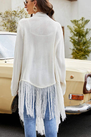 Joyful Time Fringe Hem Ribbed Trim Open Front Cardigan - MXSTUDIO.COM