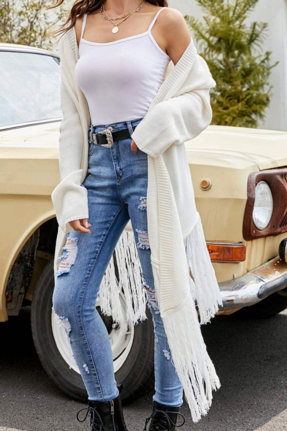 Joyful Time Fringe Hem Ribbed Trim Open Front Cardigan - MXSTUDIO.COM