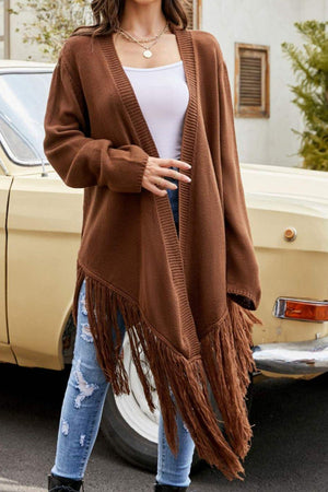 Joyful Time Fringe Hem Ribbed Trim Open Front Cardigan - MXSTUDIO.COM