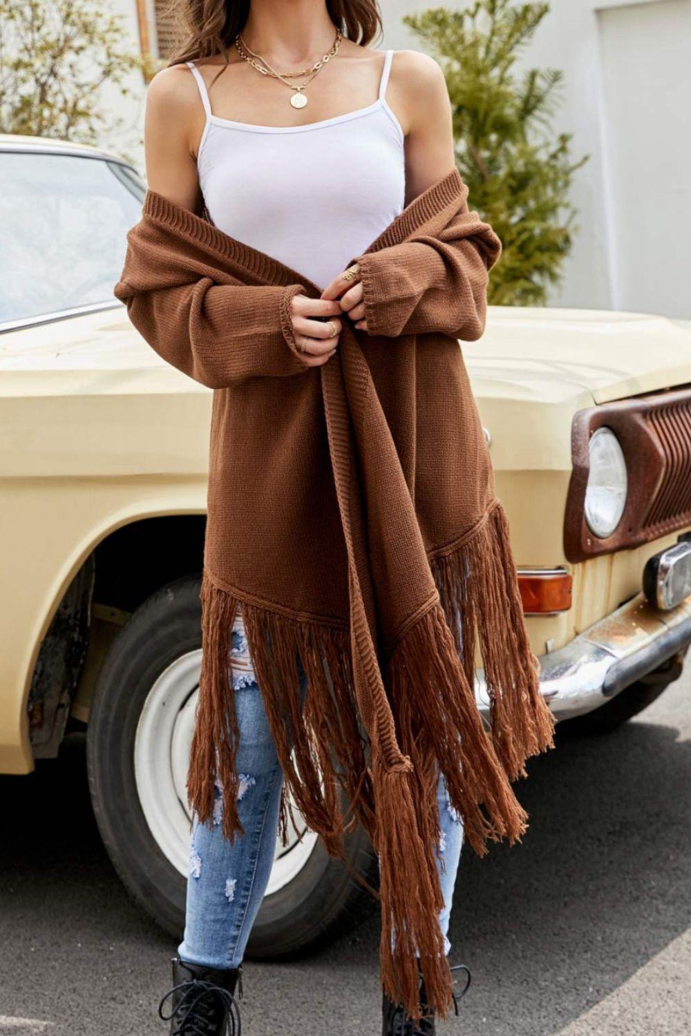 Joyful Time Fringe Hem Ribbed Trim Open Front Cardigan - MXSTUDIO.COM