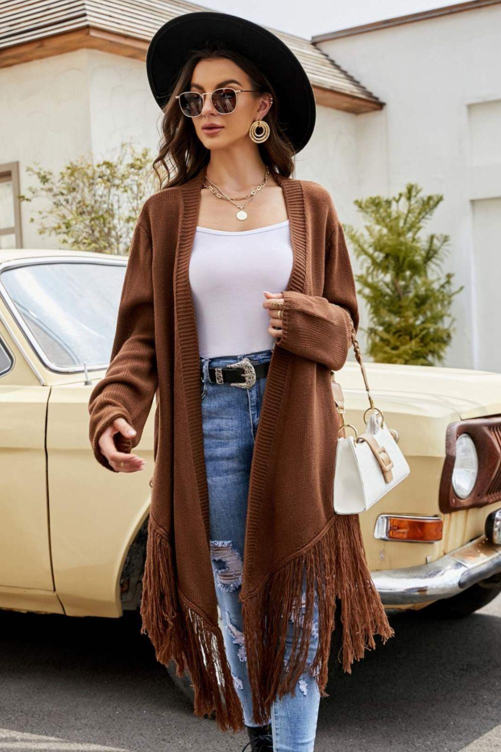 Joyful Time Fringe Hem Ribbed Trim Open Front Cardigan - MXSTUDIO.COM