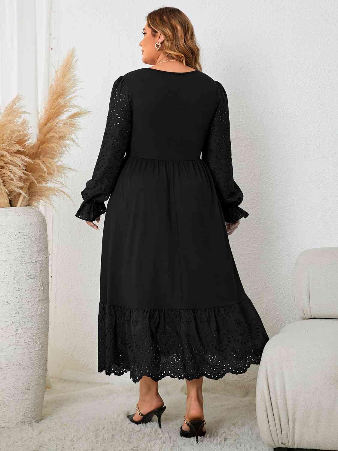 Joyous Flounce Sleeve Plus Size Black Lace Dress - MXSTUDIO.COM