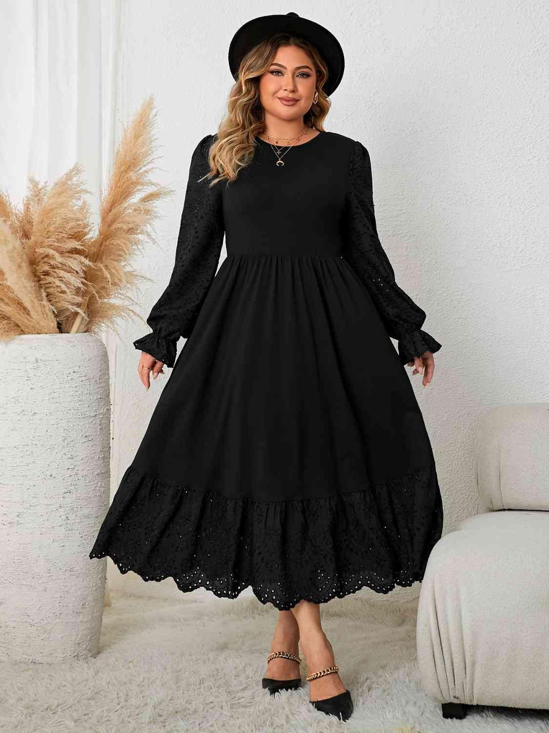 Joyous Flounce Sleeve Plus Size Black Lace Dress - MXSTUDIO.COM