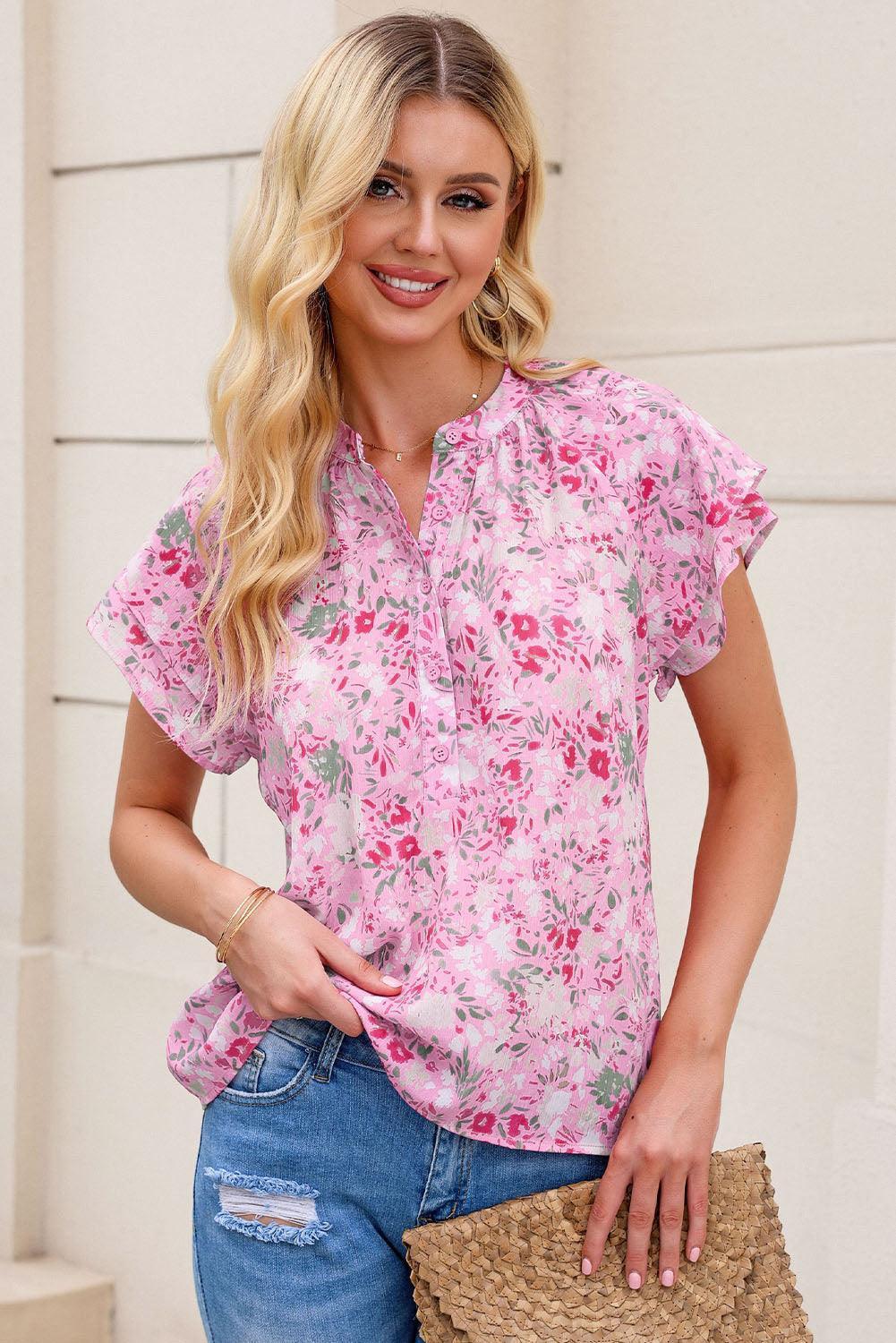 Just Chill Half-Button Short Sleeve Floral Blouse - MXSTUDIO.COM